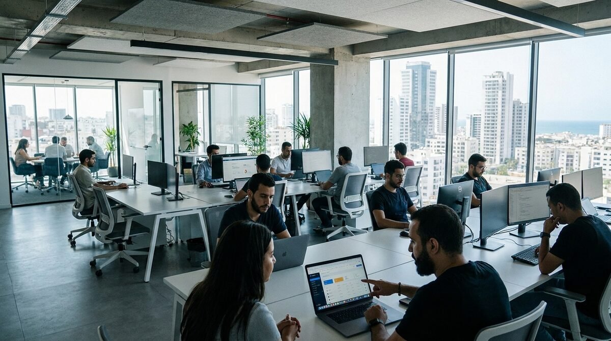 Agence IT / ESN moderne au Maroc, open-space et postes de développeurs