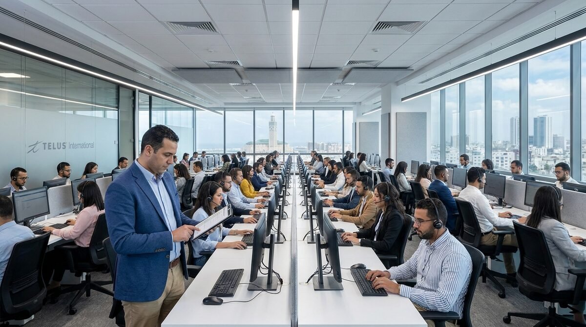 Plateau de centre d'appels moderne au Maroc, suivi du parc informatique