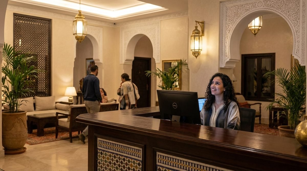 Réception d'hôtel au Maroc, poste informatique