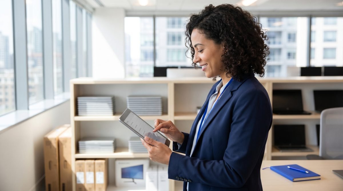 Responsable informatique consultant le parc sur tablette dans un bureau
