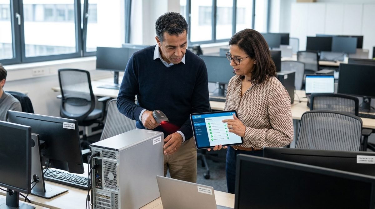 Deux collègues réalisant un audit physique du parc informatique avec UseGestIT sur tablette