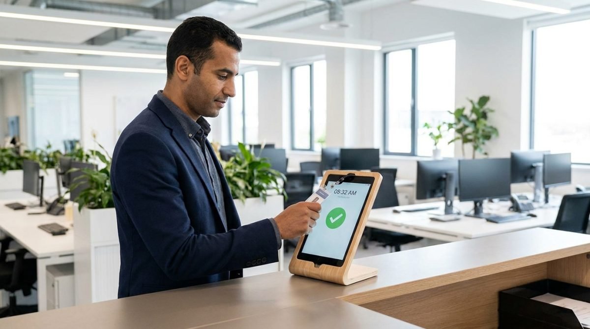 Employé badgeant sur une tablette posée à l'accueil du bureau