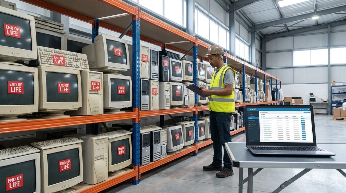 Inventaire de matériel en fin de vie dans un entrepôt avec UseGestIT sur un laptop