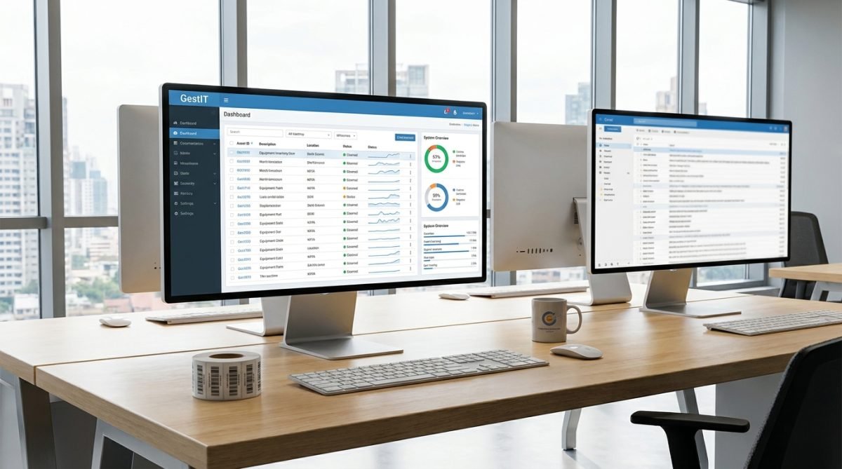Dashboard UseGestIT affichant l'inventaire du parc informatique sur double écran