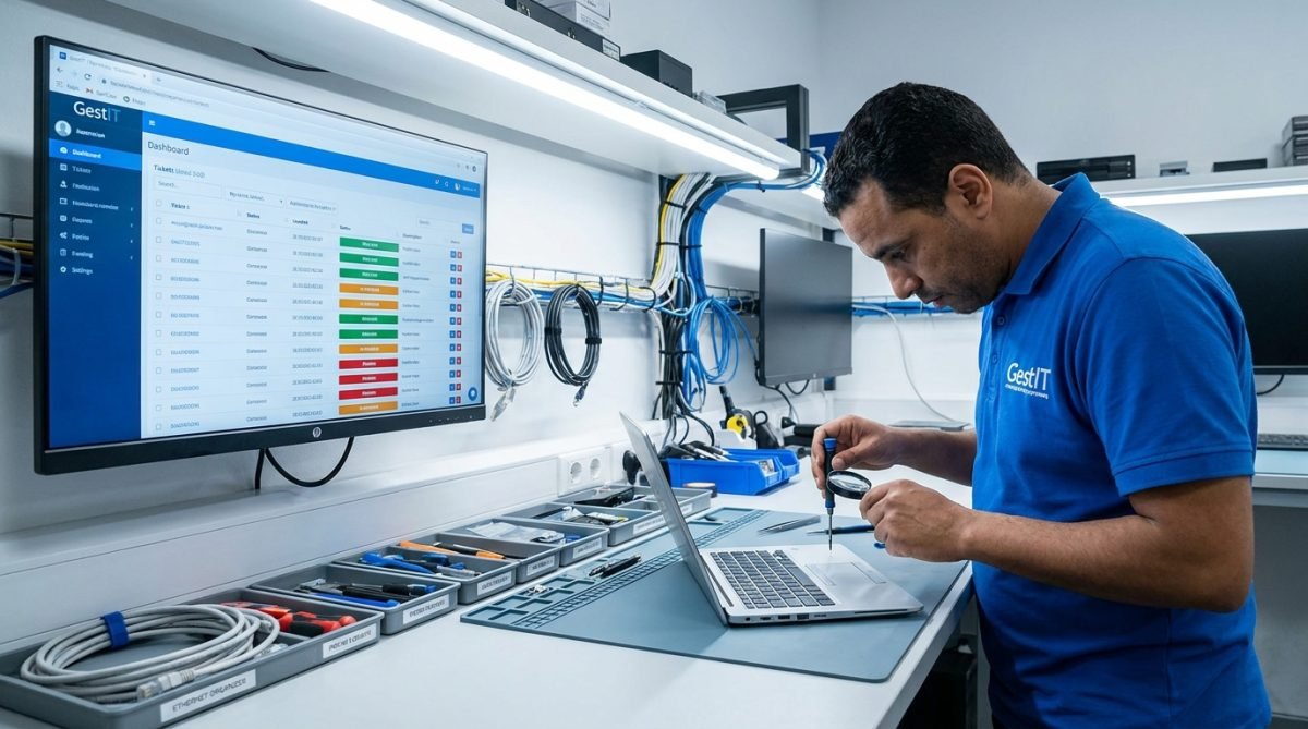 Technicien réparant un laptop avec le suivi de maintenance UseGestIT à l'écran