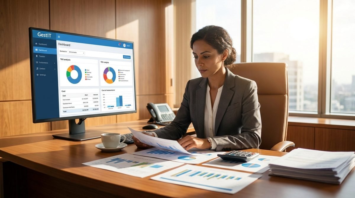 Directrice financière analysant les coûts du parc informatique avec UseGestIT