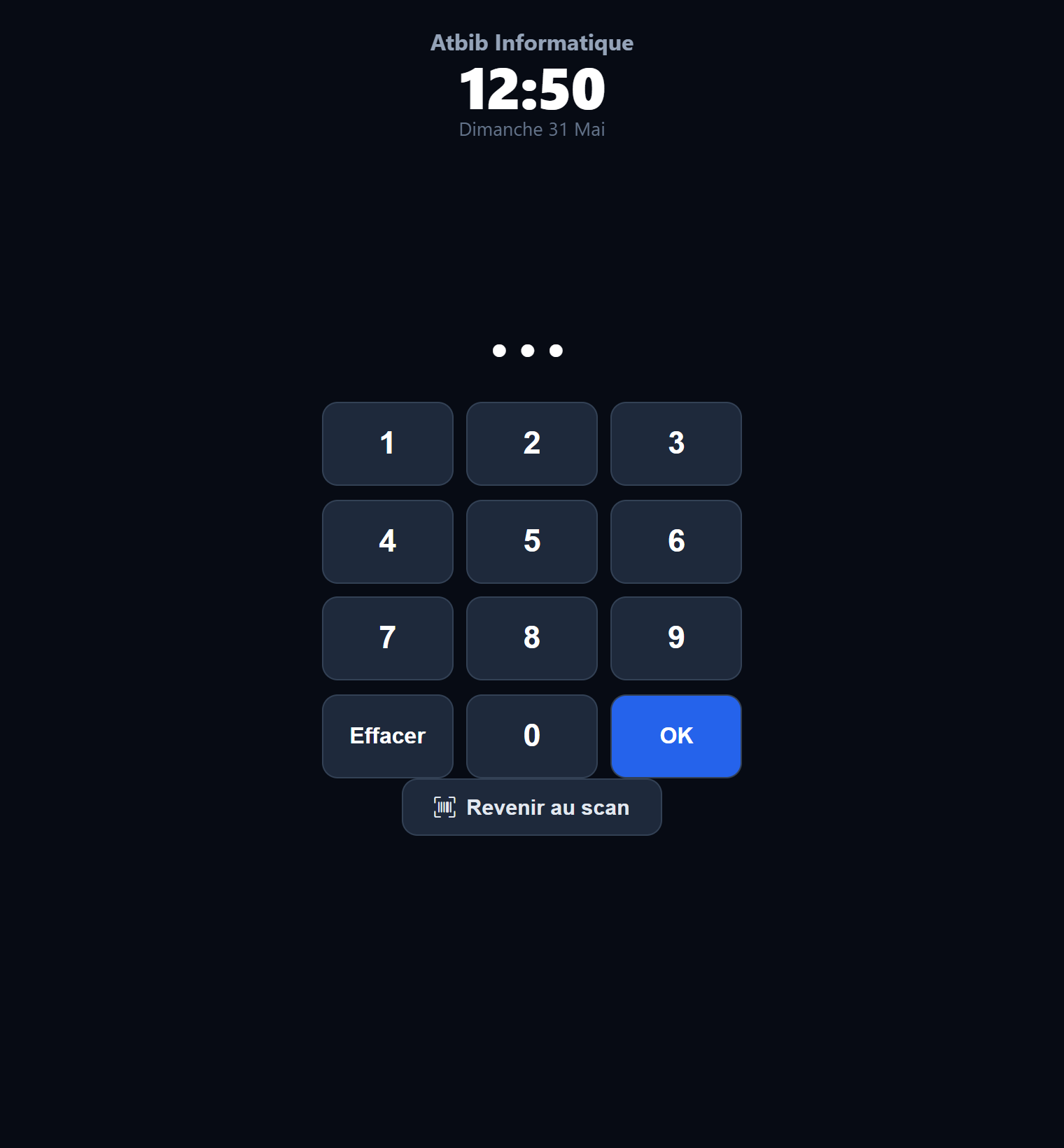 Écran de borne de pointage UseGestIT sur tablette : horloge et clavier code PIN