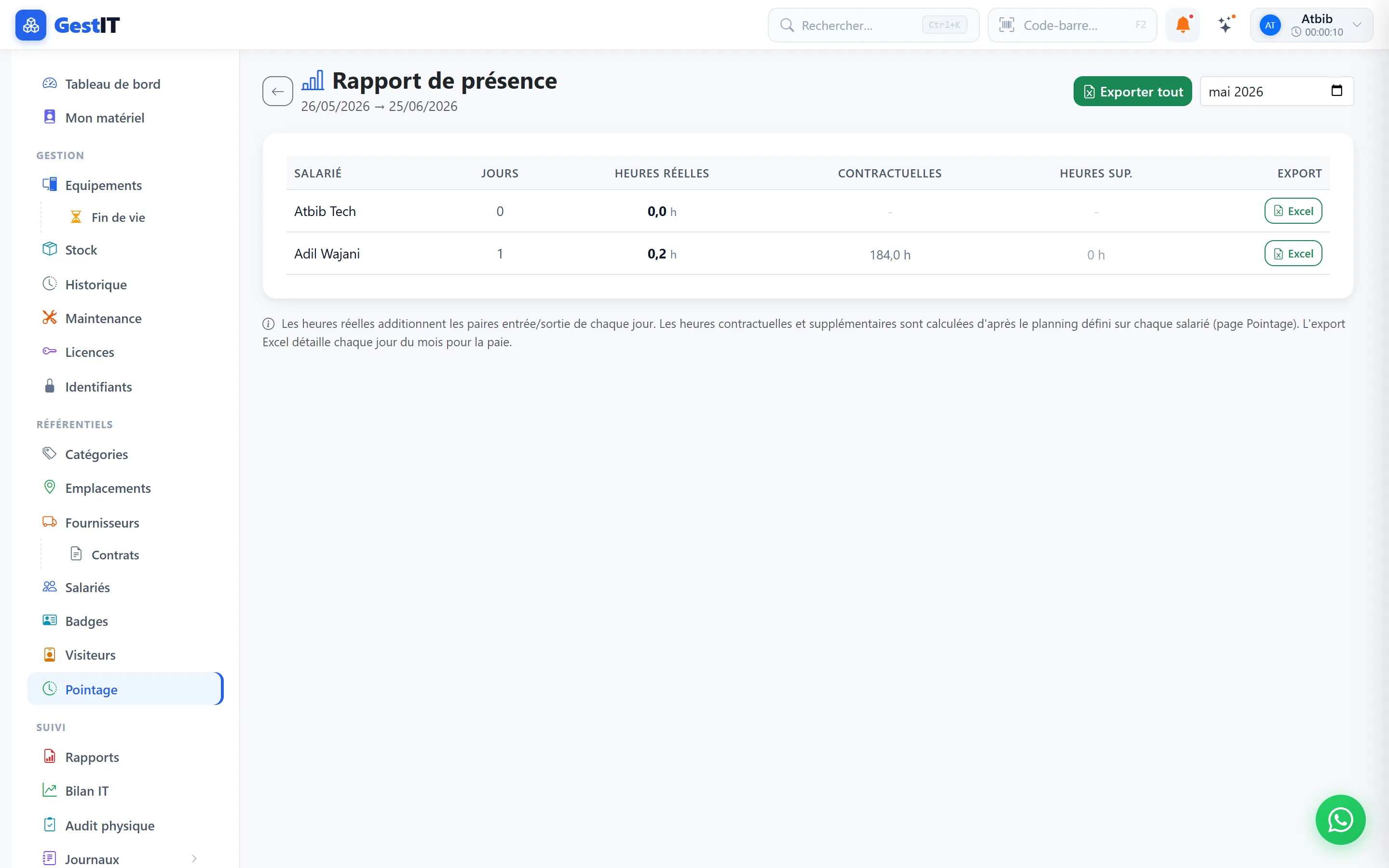 Rapport mensuel pour la paie - UseGestIT